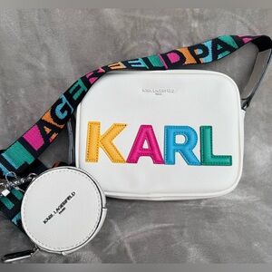 🕶️ Karl Lagerfeld Paris Maybelle Logo Camera Bag – White  NWOT w/ coin pouch